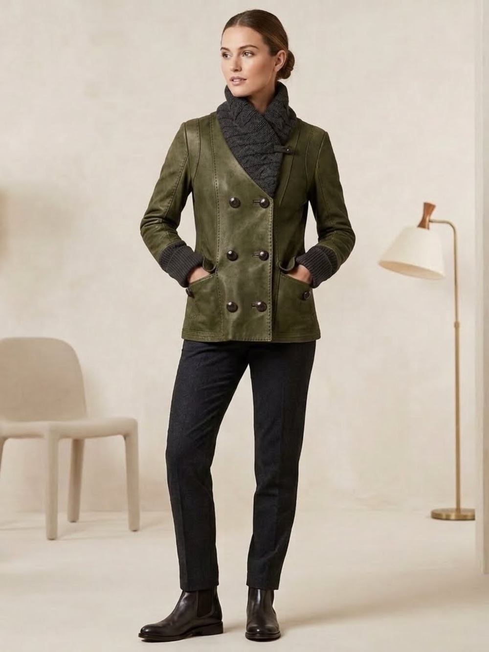 Mackage Women's Double-Breasted Mossy Green Brown Butter Leather Jacket